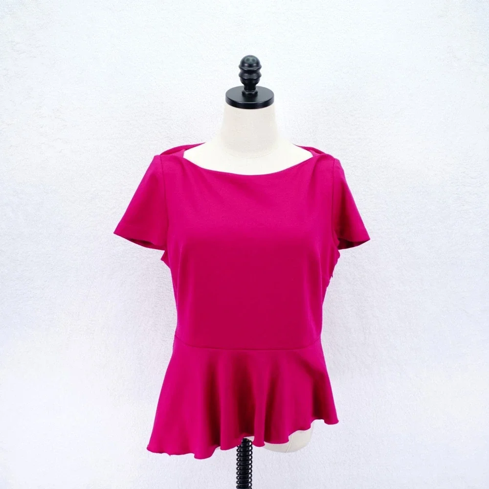 Tahari -Large- Hot Pink Peplum Top Blouse Boat Neck Short Sleeve Waist Flare - Picture 1 of 7